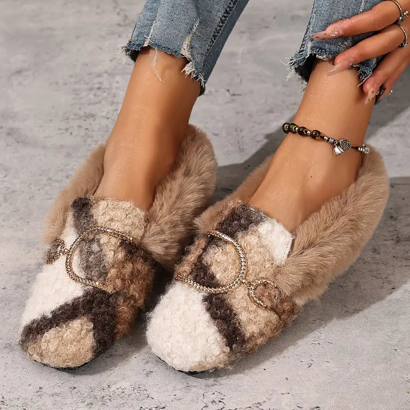 Color-Block Bouclé Fur Slip-On Flat