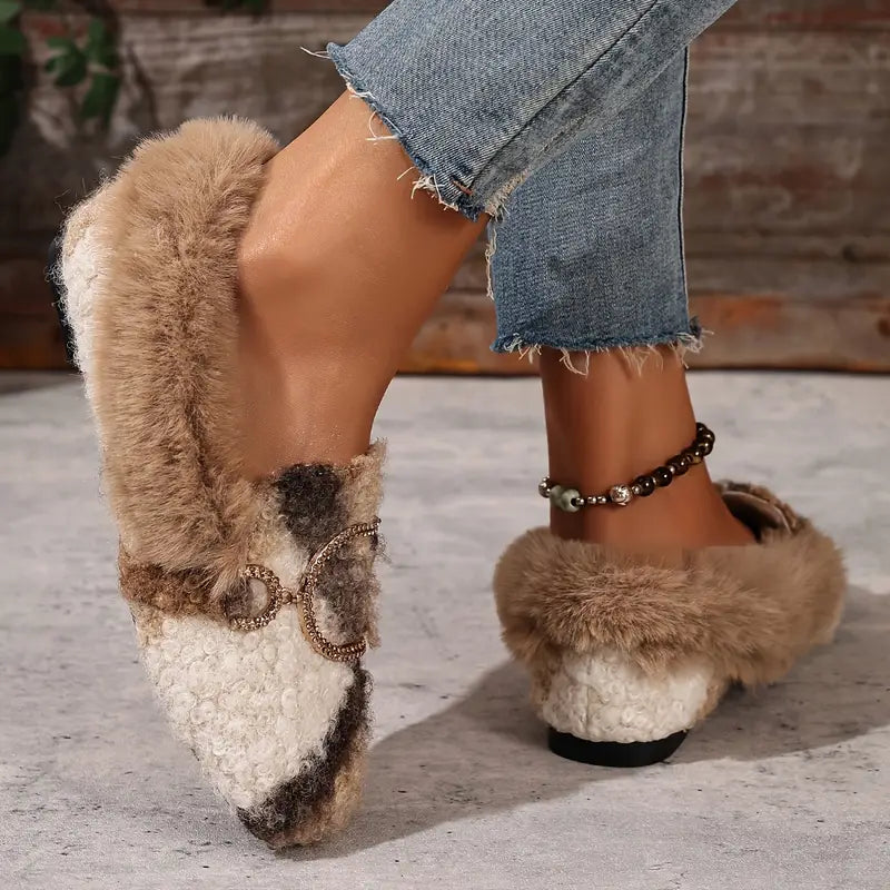 Color-Block Bouclé Fur Slip-On Flat