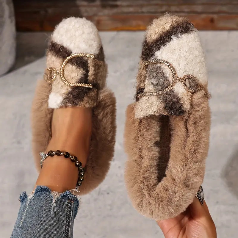 Color-Block Bouclé Fur Slip-On Flat
