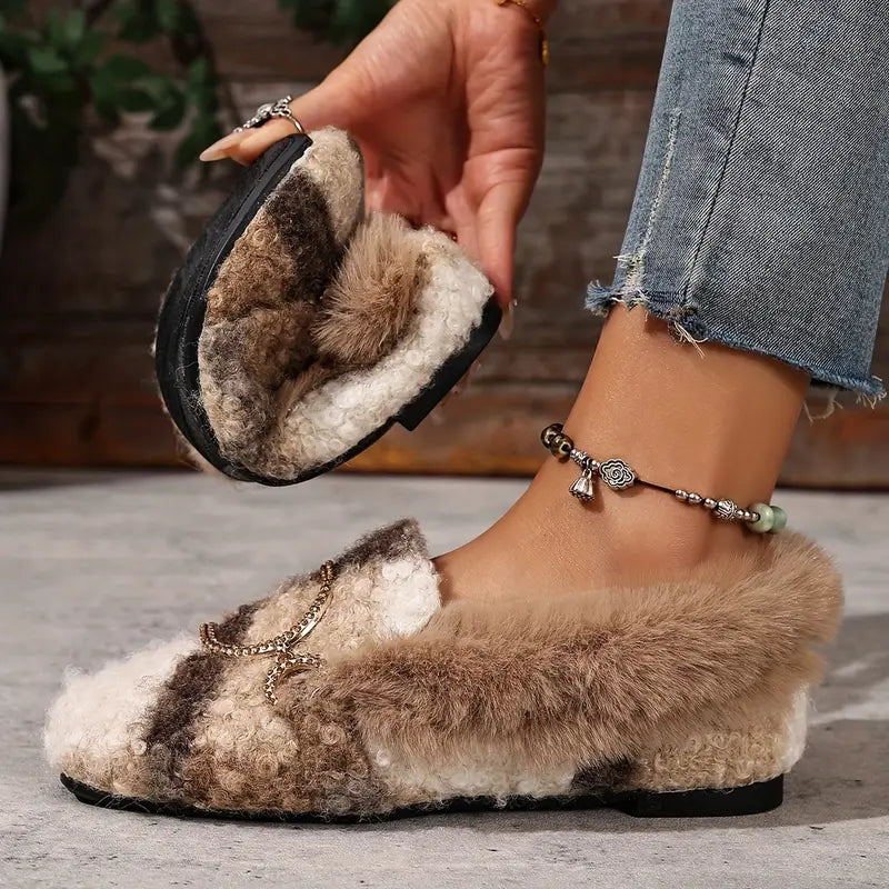 Color-Block Bouclé Fur Slip-On Flat