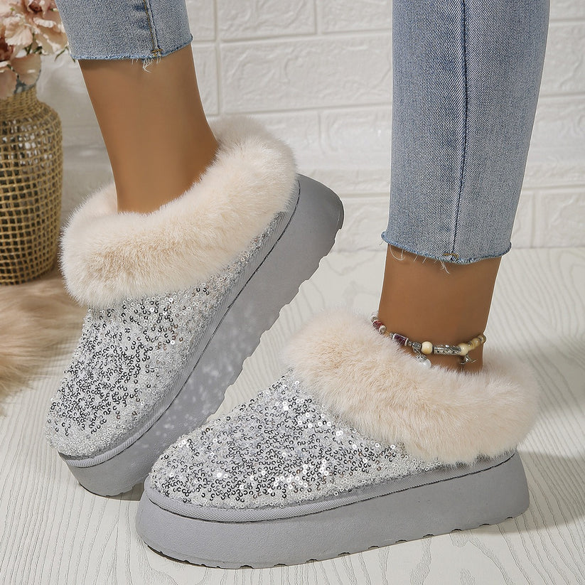Glitter Faux Fur Trim Platform Slipper Boot