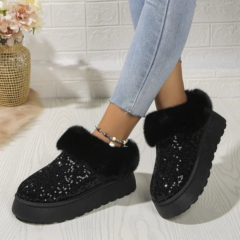 Glitter Faux Fur Trim Platform Slipper Boot