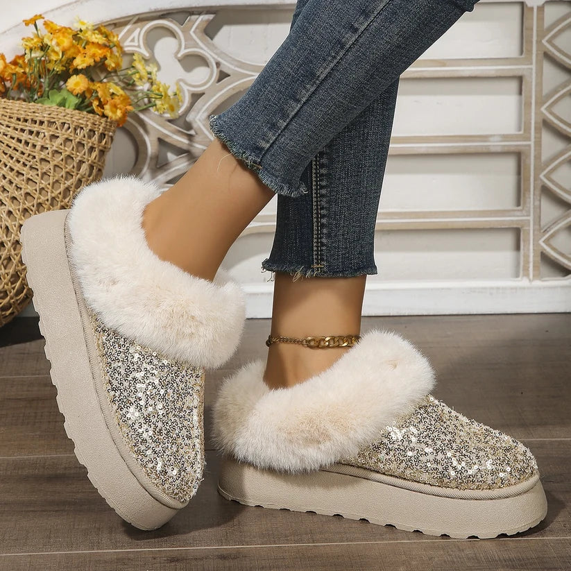 Glitter Faux Fur Trim Platform Slipper Boot