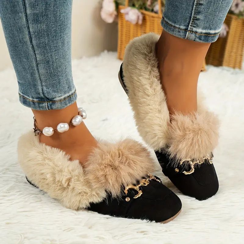 Fur-Trim Suede Square Toe Flat