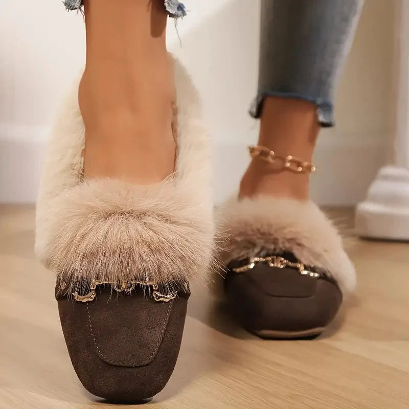 Fur-Trim Suede Square Toe Flat