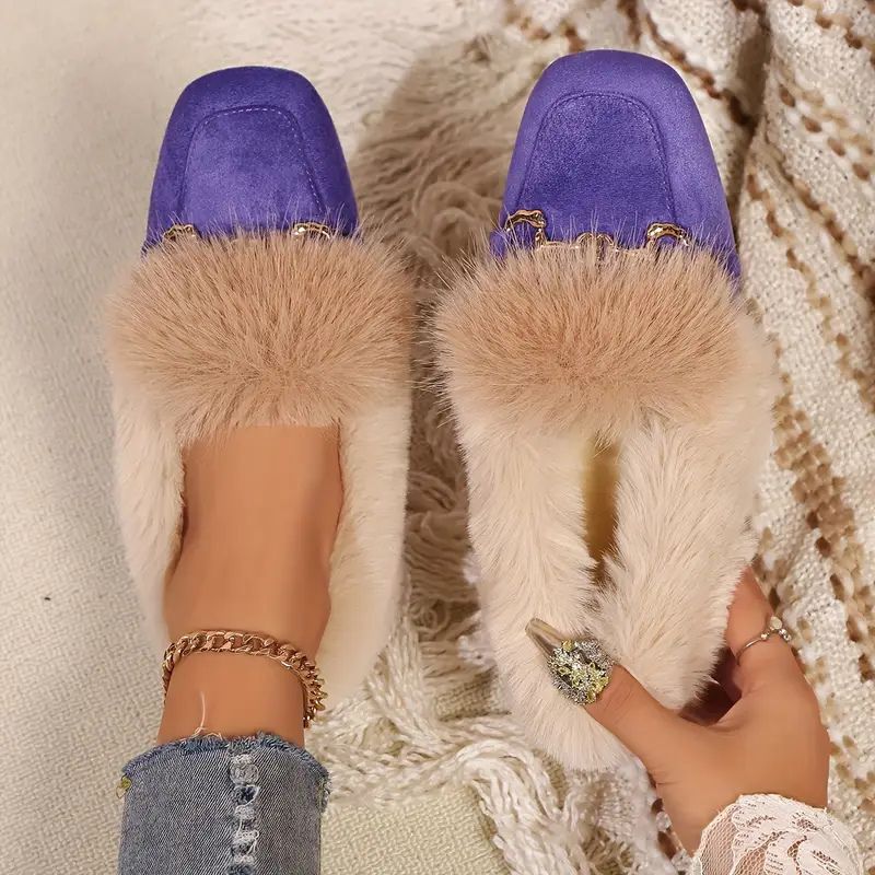 Fur-Trim Suede Square Toe Flat