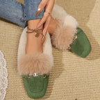 Fur-Trim Suede Square Toe Flat