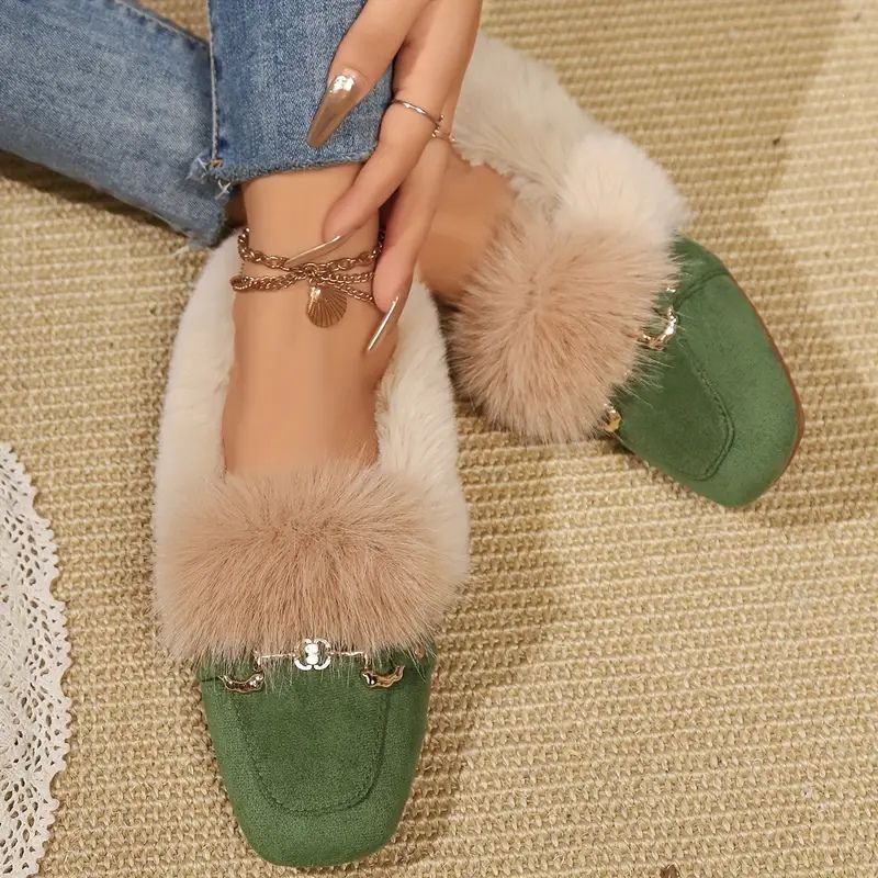 Fur-Trim Suede Square Toe Flat